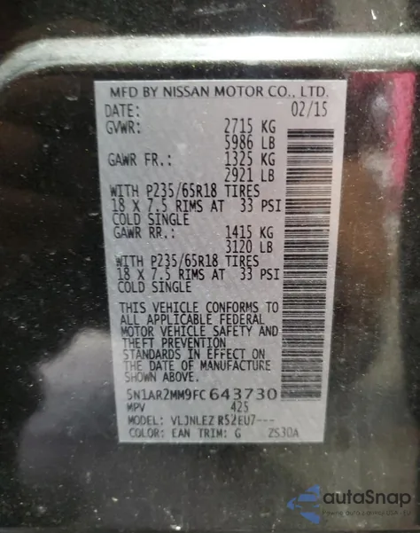 2015 Nissan Pathfinder S z USA, uszkodzony, nr VIN 5N1AR2MM9FC643730